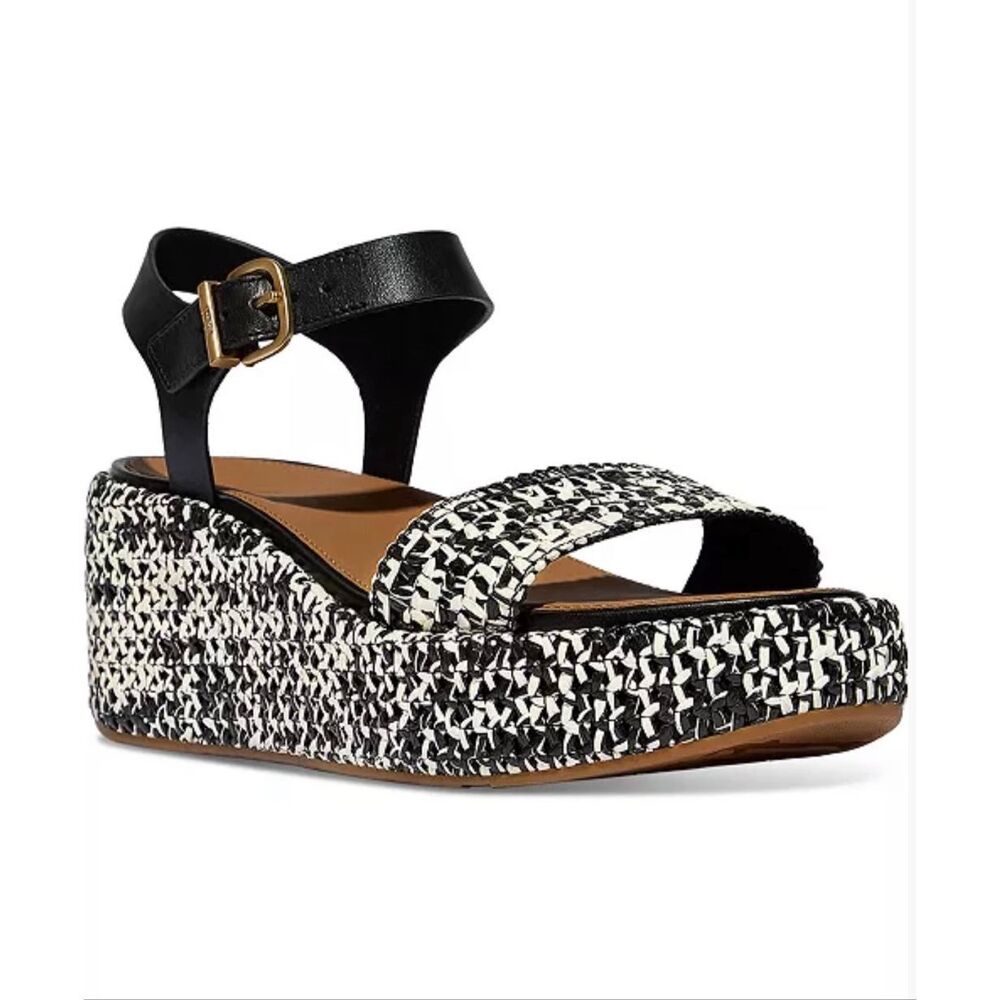 FitFlop 2.75” Platform Woven Wedge Two-Tone Ankle Strap Sandals Black/Ivory 11